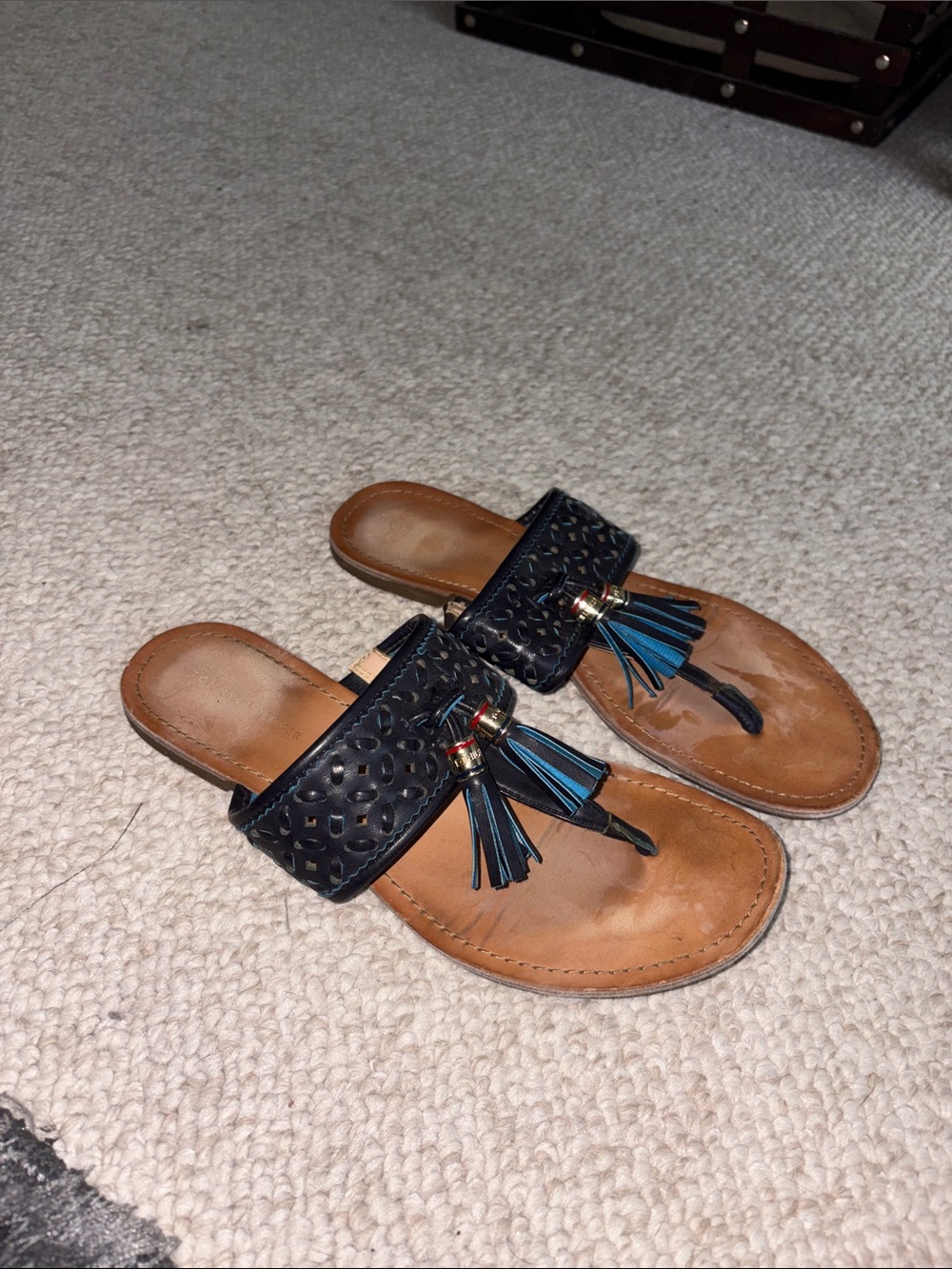Tommy Hilfiger Black Leather Tassel Slide Sandals